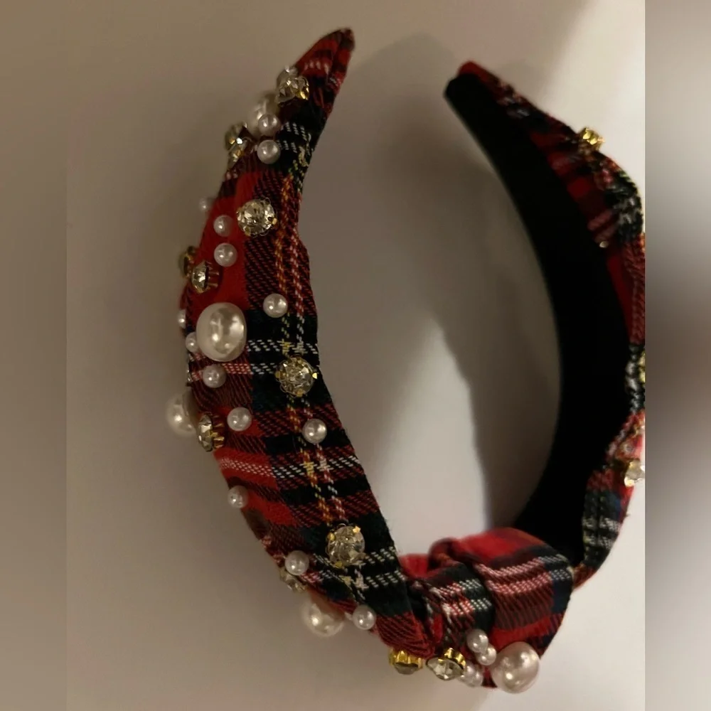 Holiday Top Knot Tartan Plaid Headband Faux  Pearls and Gold Accents—NEW—